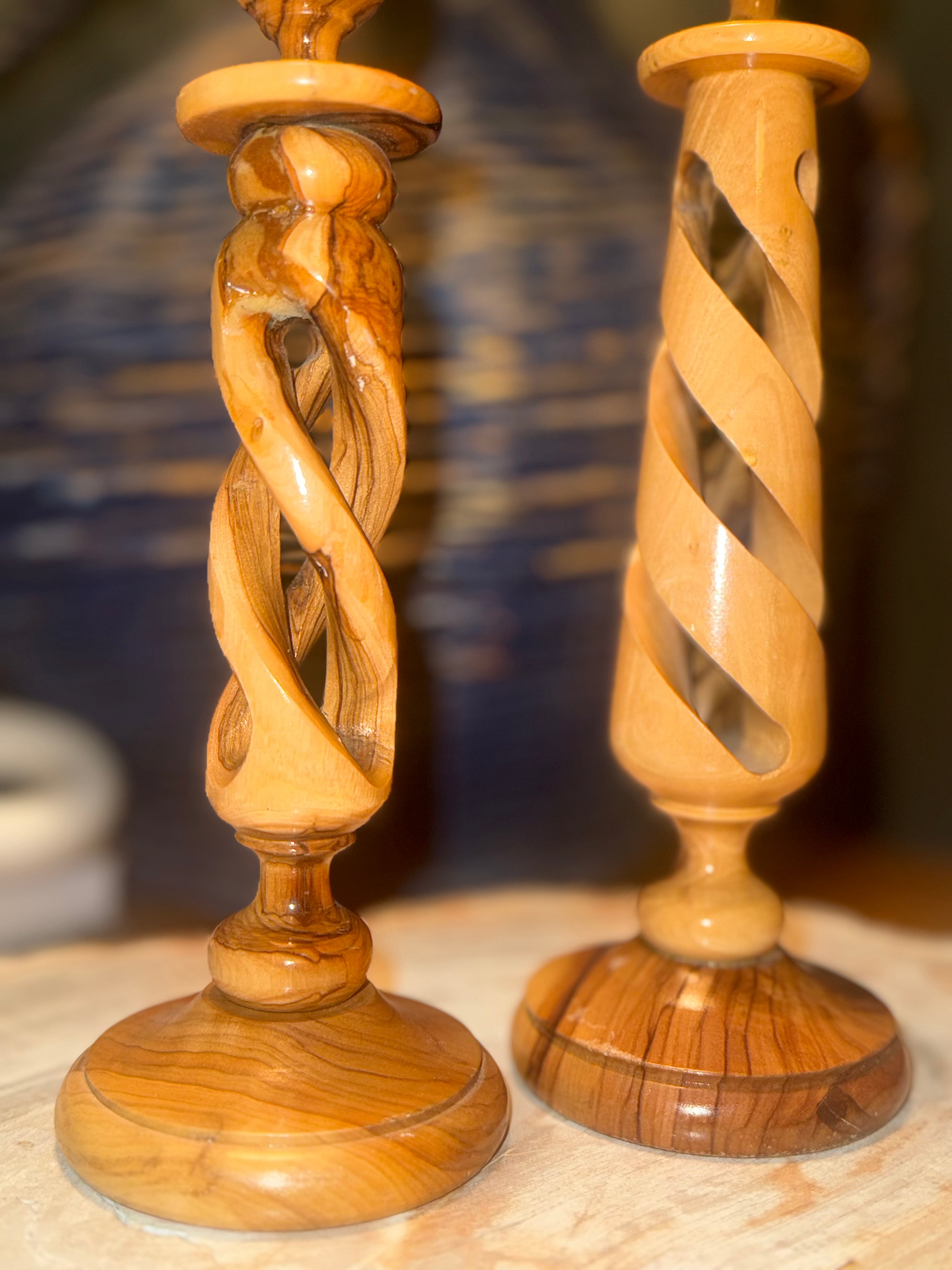 Olive Wood Candle Stick Holder Set